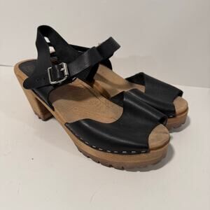 MIA Women's Greta Clog Heels Wood Leather Open Toe Platform Heel Black 39